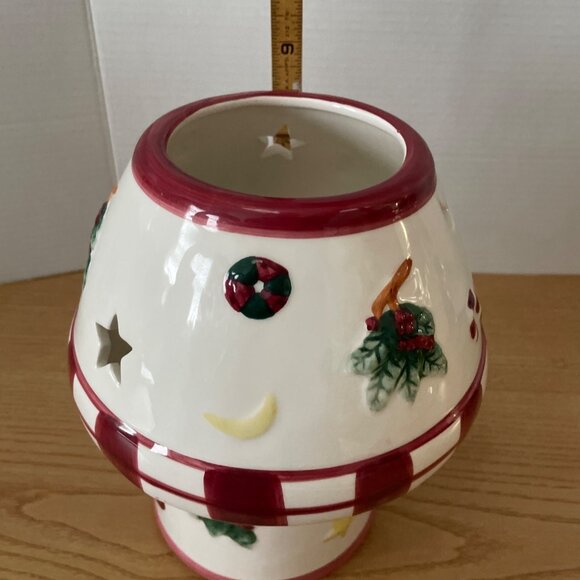 Vtg Christmas Ceramic Candle Holder w Shade Topper Moon Stars Candy Cane Tree - Picture 6 of 8
